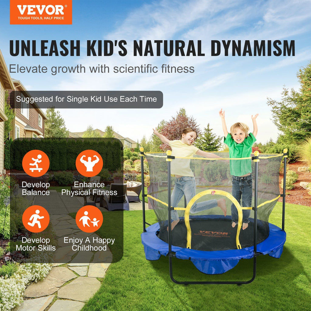 VEVOR 5FT Trampoline for Kids, 60'' Indoor Outdoor Trampoline with Safety Enclosure Net, Basketball Hoop and Ocean Balls, Mini Toddler Recreational Trampoline Birthday Gifts for 3+ Years Kids