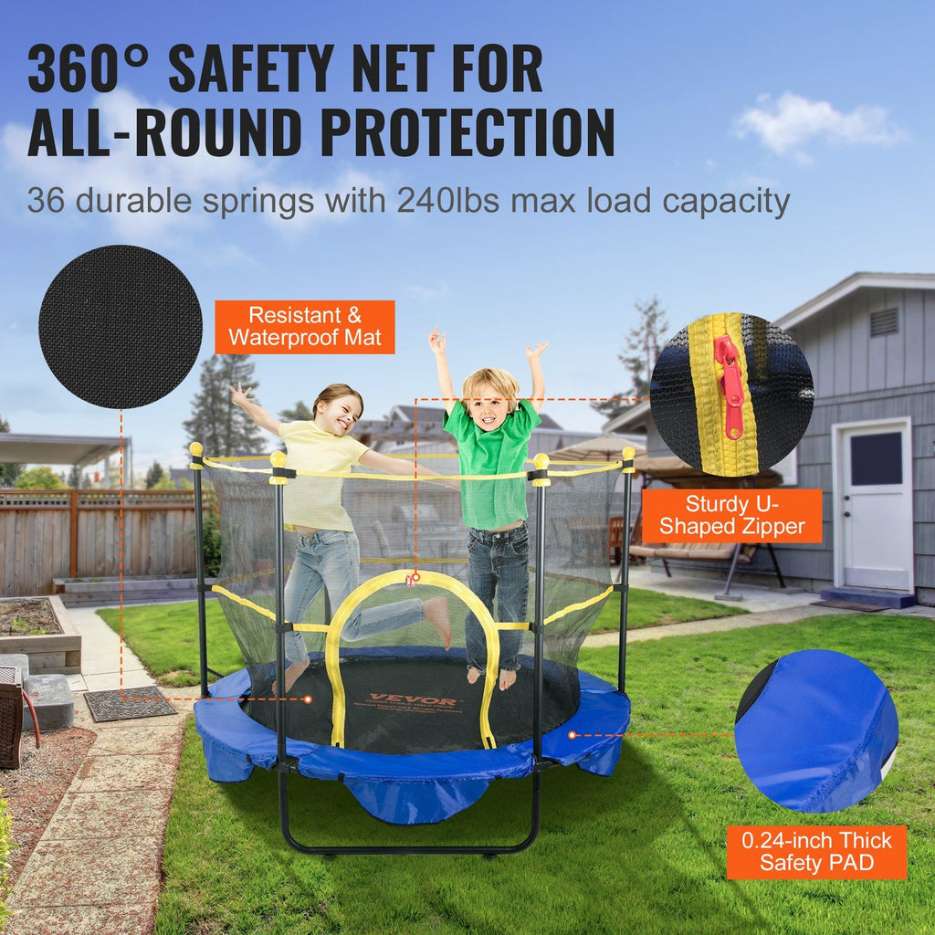 VEVOR 5FT Trampoline for Kids, 60'' Indoor Outdoor Trampoline with Safety Enclosure Net, Basketball Hoop and Ocean Balls, Mini Toddler Recreational Trampoline Birthday Gifts for 3+ Years Kids