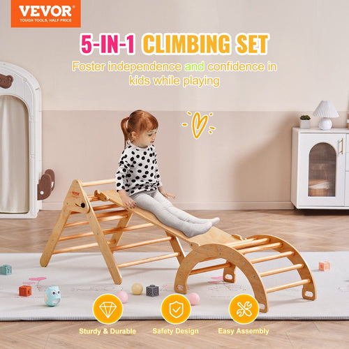 VEVOR Pikler Triangle Set, 5 in 1 Toddler Climbing Toys Indoor Playground, Ramp, and Arch, Montessori Climbing Set with Triangle, Large Size Wooden Climbing Gym for Toddlers 1-3 Years, Wood Color