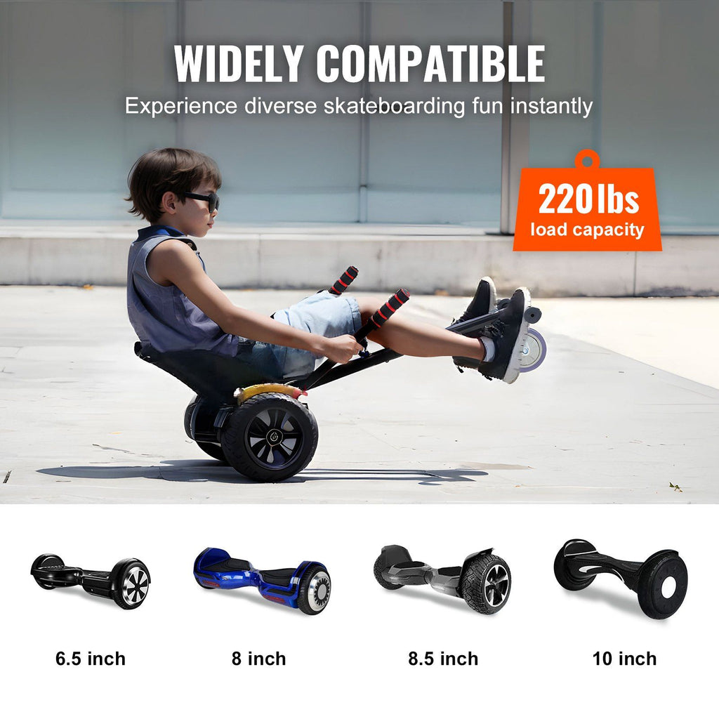 VEVOR Hoverboard Seat Attachment, Compatible with All 6.5'' 8'' 8.5'' 10'' Hoverboards, Grips Control, Adjustable Frame Length and 220 LBS Load Capacity, Hover Board Go Karts Accessory, for Kids Adults