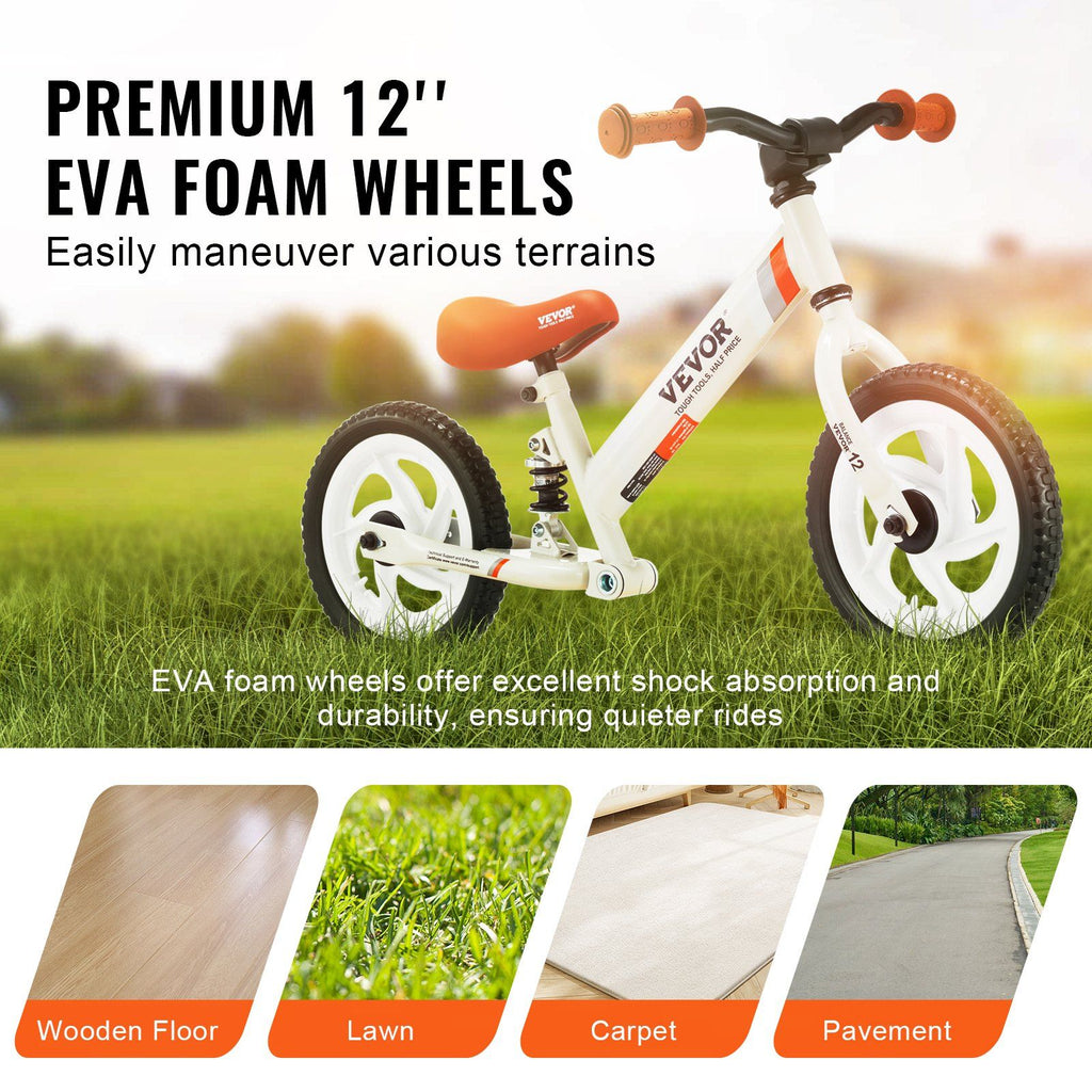 VEVOR Toddler Balance Bike, 12'' Carbon Steel Kids Bike with Adjustable Seat & Handlebar, EVA Foam Tires, No Pedal Kids Balance Bicycle Gift for 1-5 Years Boys Girls, 55LBS Support