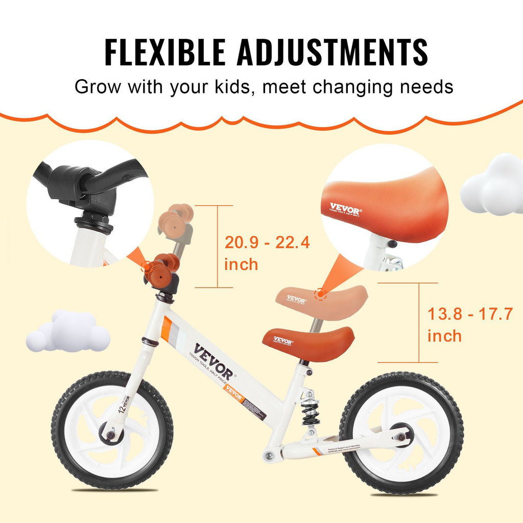VEVOR Toddler Balance Bike, 12'' Carbon Steel Kids Bike with Adjustable Seat & Handlebar, EVA Foam Tires, No Pedal Kids Balance Bicycle Gift for 1-5 Years Boys Girls, 55LBS Support