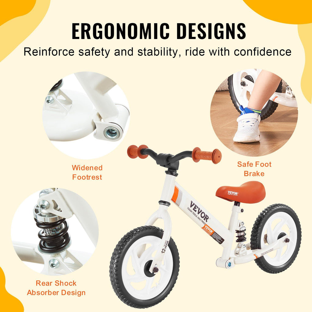 VEVOR Toddler Balance Bike, 12'' Carbon Steel Kids Bike with Adjustable Seat & Handlebar, EVA Foam Tires, No Pedal Kids Balance Bicycle Gift for 1-5 Years Boys Girls, 55LBS Support