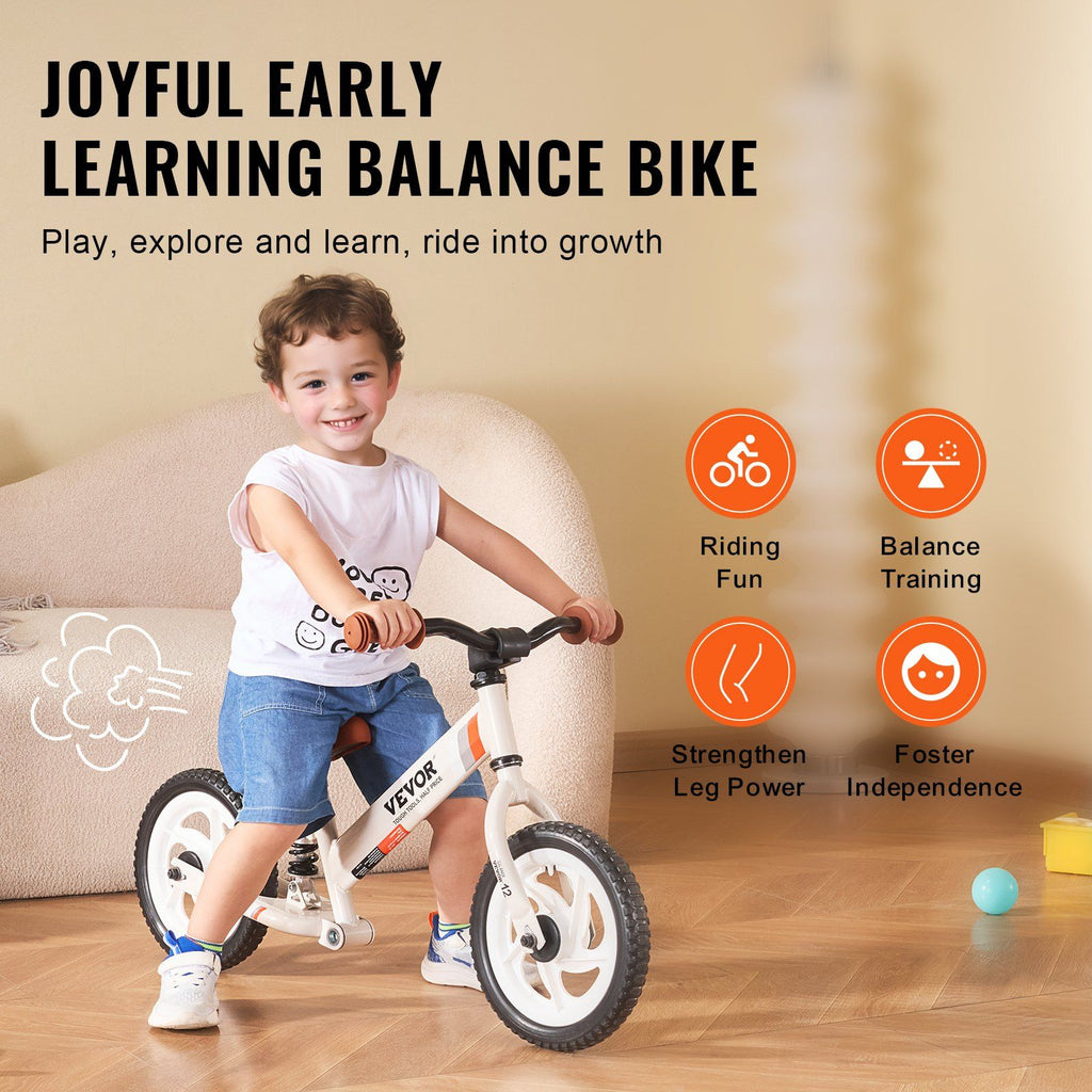 VEVOR Toddler Balance Bike, 12'' Carbon Steel Kids Bike with Adjustable Seat & Handlebar, EVA Foam Tires, No Pedal Kids Balance Bicycle Gift for 1-5 Years Boys Girls, 55LBS Support