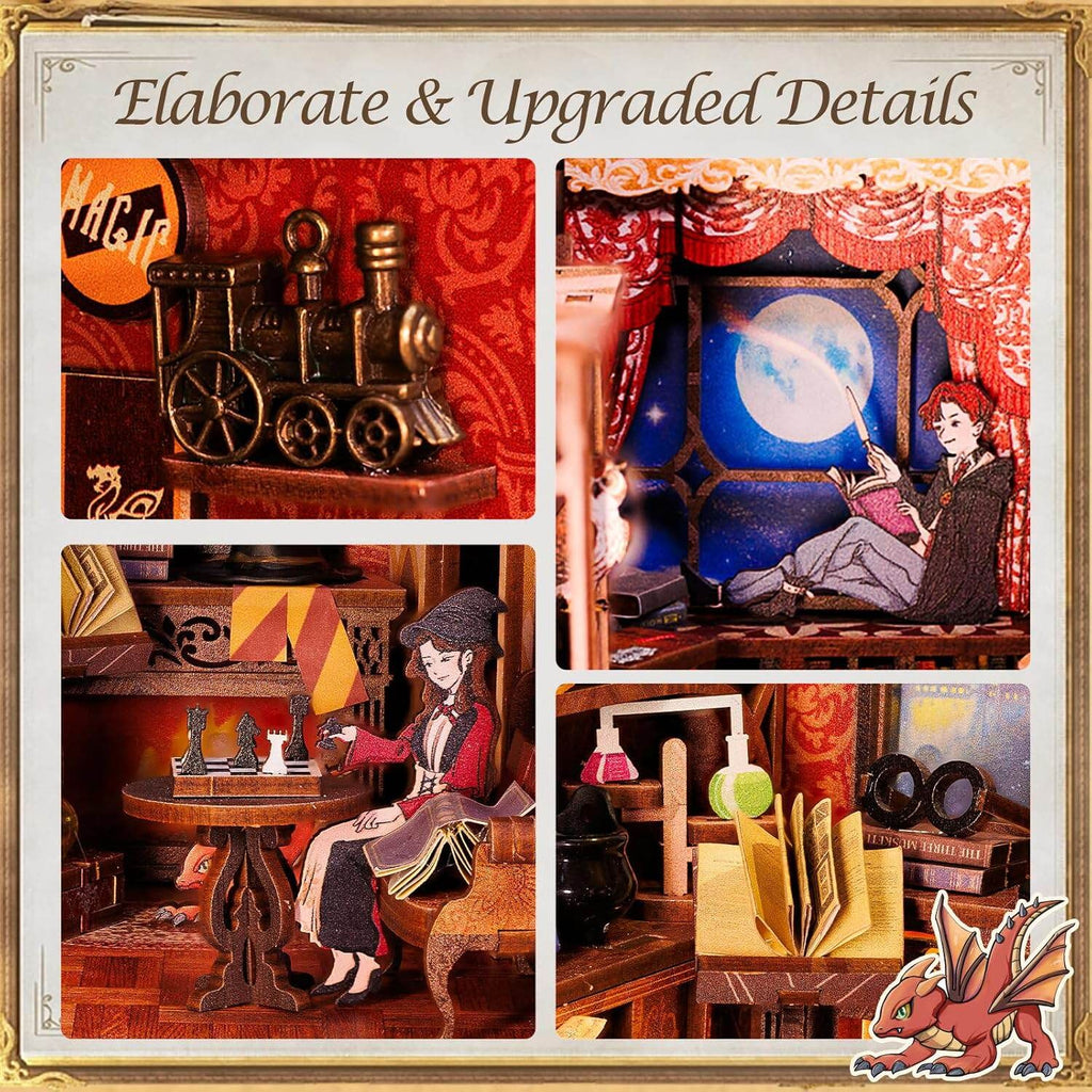 zhima - CUTEBEE DIY Book Nook Kit for Adults and Teens, DIY Wooden Miniature Magic House Dollhouse Kit Bookshelf Booknook Bookcase Model Build Gift Kit Decor Alley with LED Light (Flame Common Room)