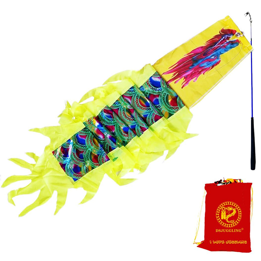 DSJUGGLING - 3 Meters (9.8 FT) Golden Scale Silk Dragon POI Outdoor Flinging Wind Spinners & Fitness Dragon Dance Wu Long 3D dragon Ribbon Streamer with Fiberglass Handstick + Travel Bag!