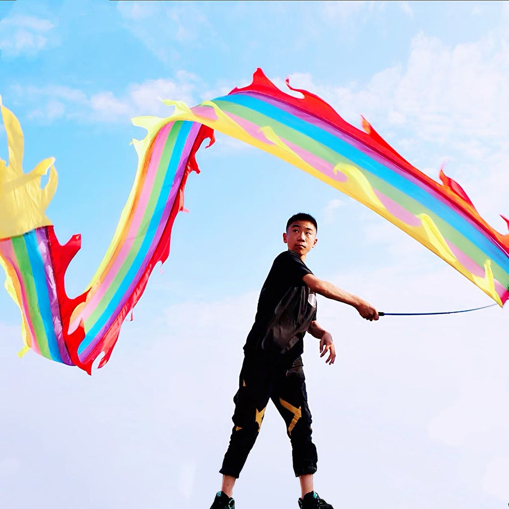 DSJUGGLING - 3 Meters (9.8 FT) Golden Scale Silk Dragon POI Outdoor Flinging Wind Spinners & Fitness Dragon Dance Wu Long 3D dragon Ribbon Streamer with Fiberglass Handstick + Travel Bag!