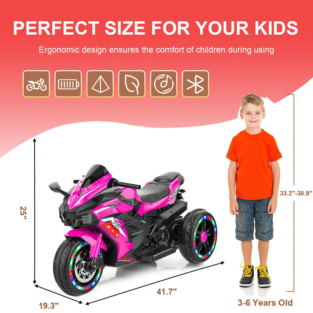 SHENGLONG - Kids Powered Ride-ons Toy, Kids Motorcycle for 3-6 Years, 12V Electric Ride on Motorcycle with Light Wheel & Bluetooth Music-Pink