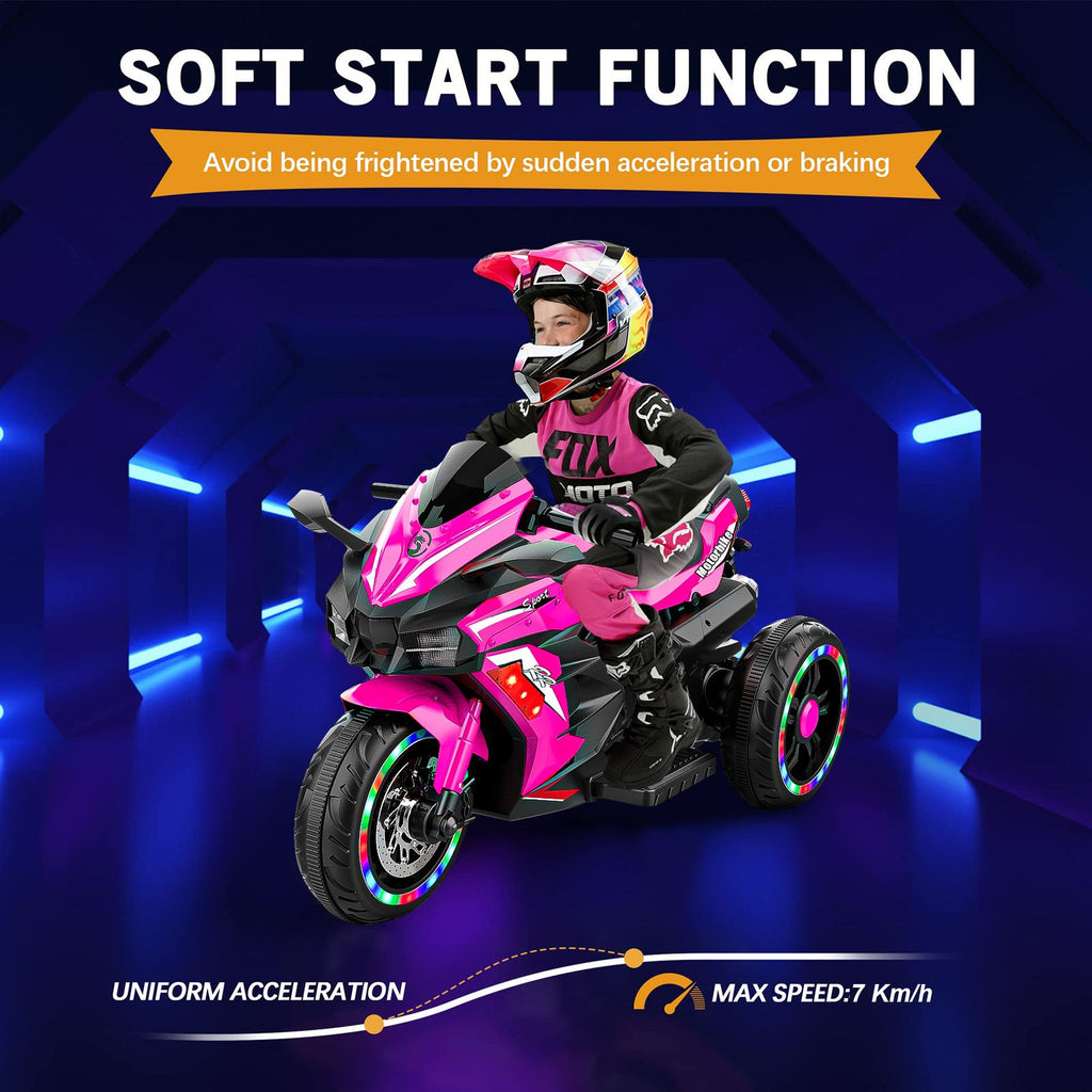 SHENGLONG - Kids Powered Ride-ons Toy, Kids Motorcycle for 3-6 Years, 12V Electric Ride on Motorcycle with Light Wheel & Bluetooth Music-Pink