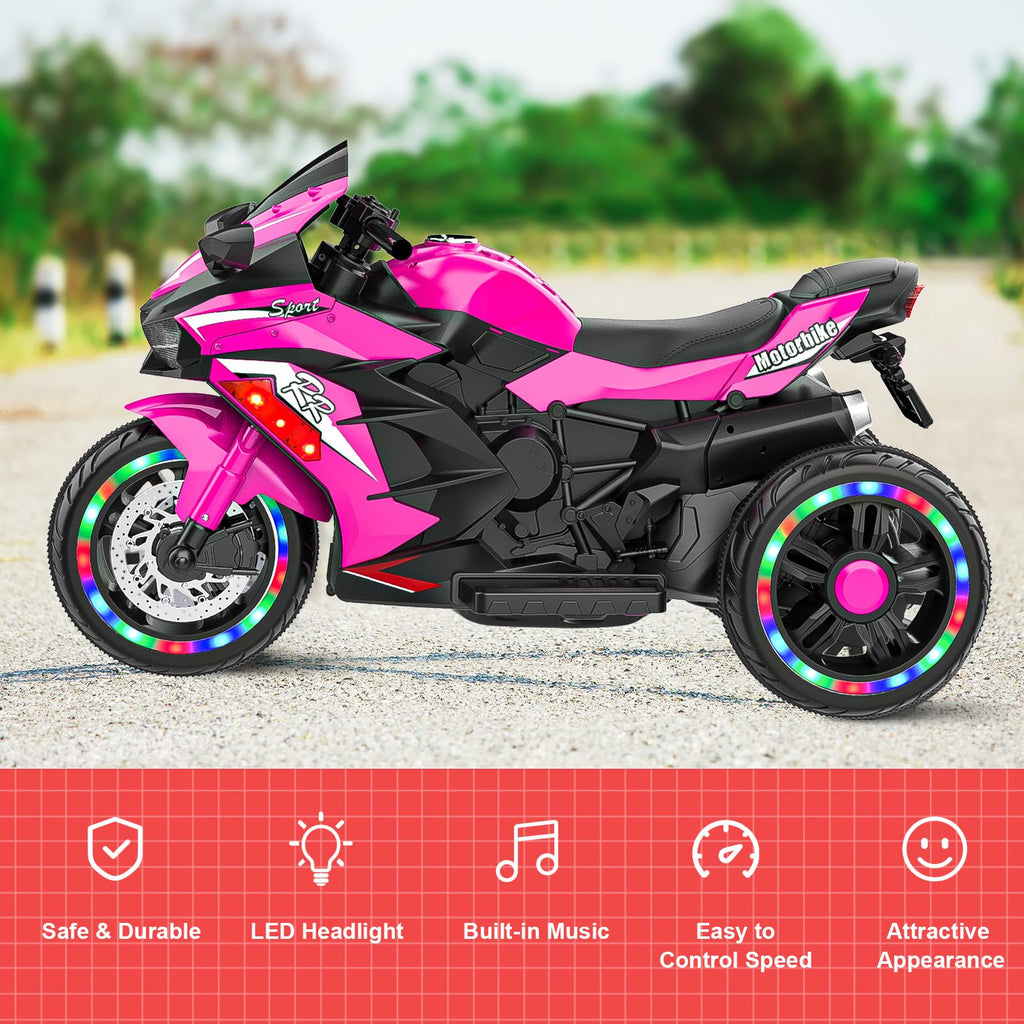 SHENGLONG - Kids Powered Ride-ons Toy, Kids Motorcycle for 3-6 Years, 12V Electric Ride on Motorcycle with Light Wheel & Bluetooth Music-Pink