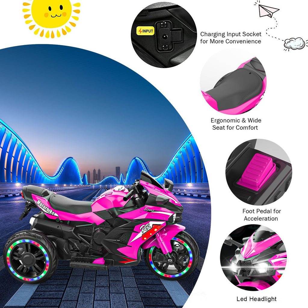 SHENGLONG - Kids Powered Ride-ons Toy, Kids Motorcycle for 3-6 Years, 12V Electric Ride on Motorcycle with Light Wheel & Bluetooth Music-Pink