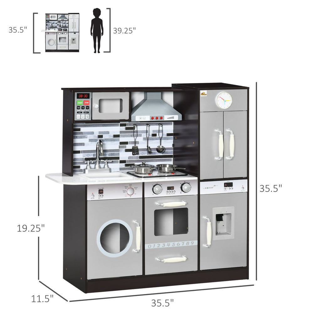Orien Home - Wooden Play Kitchen with Lights Sounds, Kids Kitchen Playset with Washing Machine, Water Dispenser, Microwave, Range Hood, Refrigerator, Utensils, Gift for 3-6 Years Old