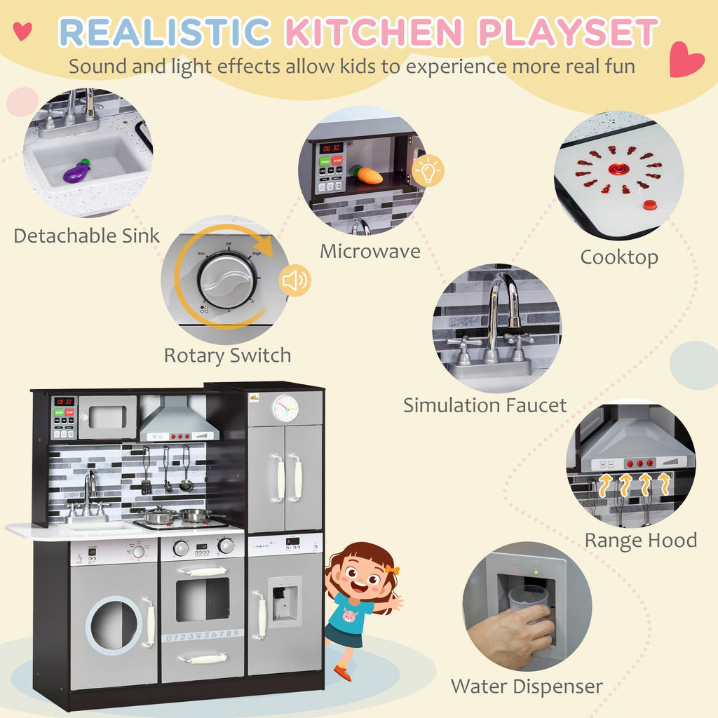 Orien Home - Wooden Play Kitchen with Lights Sounds, Kids Kitchen Playset with Washing Machine, Water Dispenser, Microwave, Range Hood, Refrigerator, Utensils, Gift for 3-6 Years Old