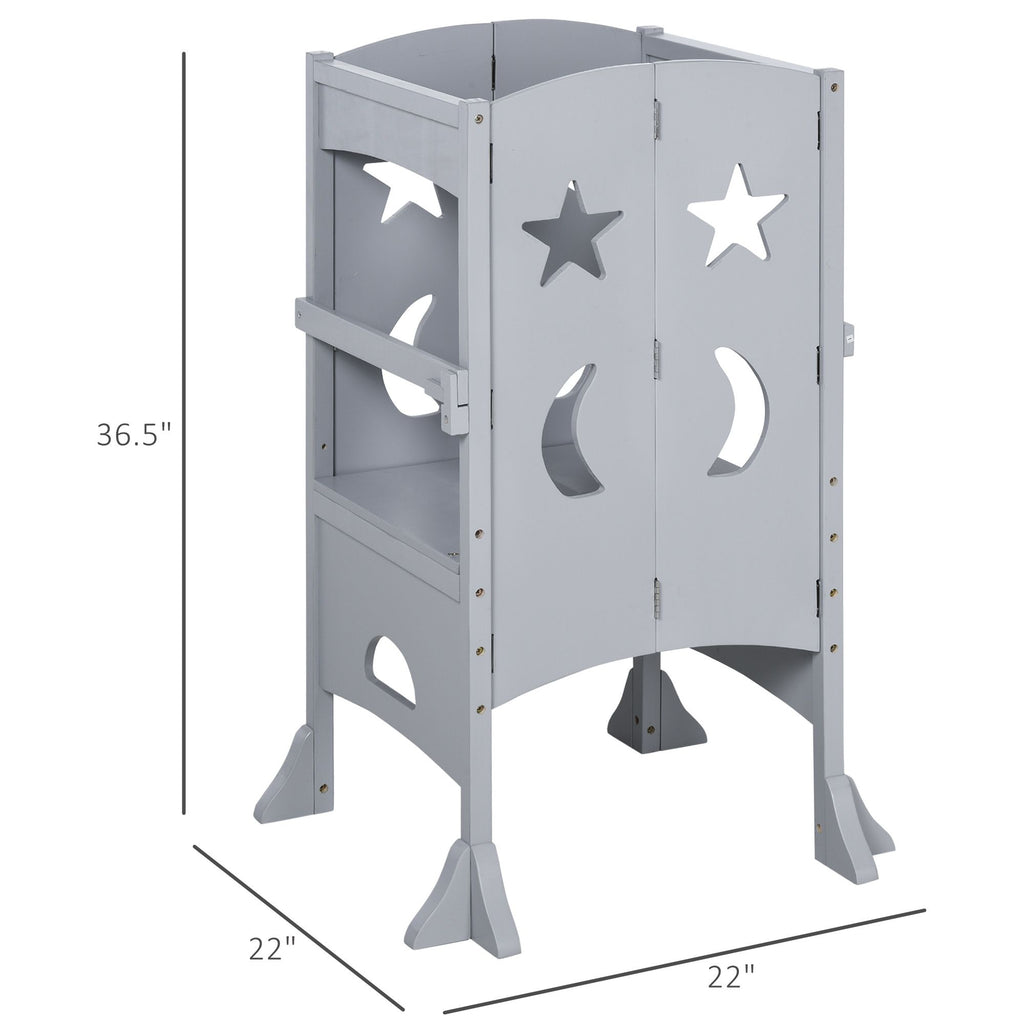 Orien Home - Wooden Kitchen Step Stool for Kids, Foldable Toddler Tower, Helper Stool for Kitchen Counter with Support Handles Safety Rail, Gray