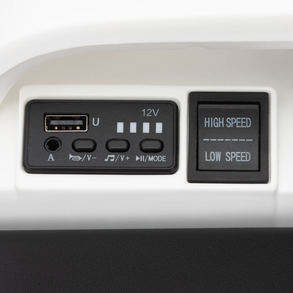 FX070 - 12V Kids Ride On Box, Electric Box Car with High-Low Speeds, Variable Speed Throttle, MP3, USB, Storage, Battery Powered Toy Gift for 8-12 Years Old, White + Black