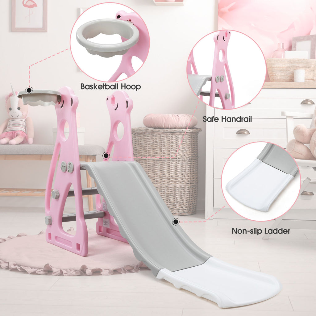 FX070 - Kids Slide Indoor Outdoor Climber Playground with Basketball Hoop