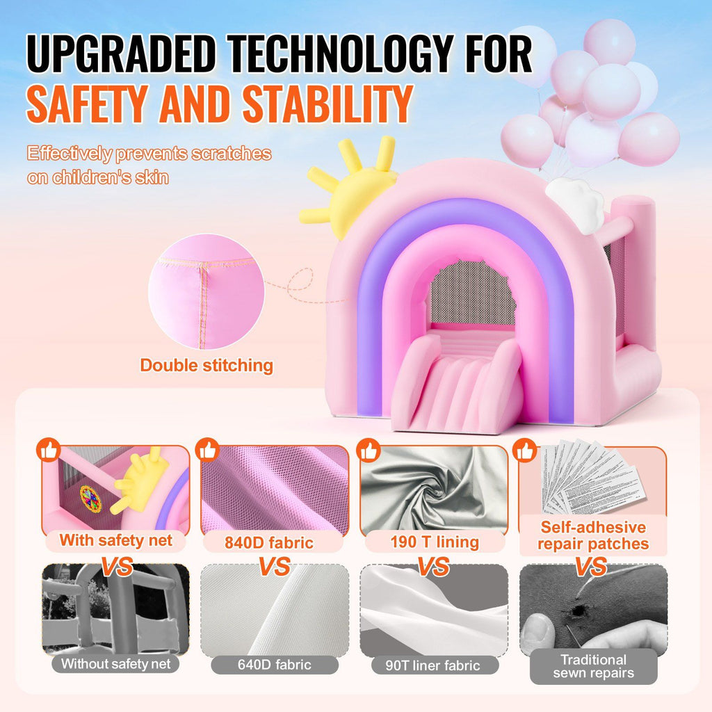 VEVOR Inflatable Bounce House, Indoor Outdoor Playhouse Trampoline, Kid Jumping Bouncer with Blower, Slide, Storage Bag, Family Backyard Bouncy Castle, for Girls Boys Ages 3â€“8 Years, 110x91x91 inch