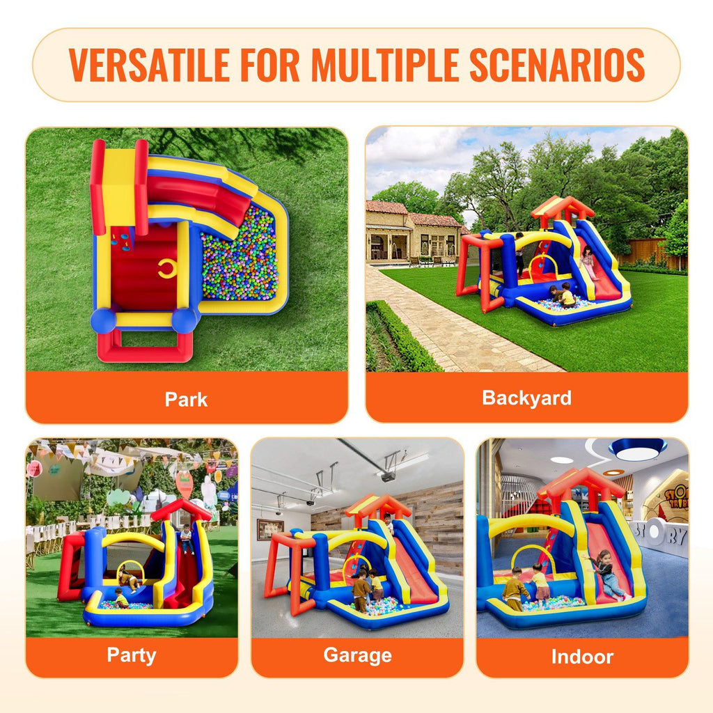 VEVOR Inflatable Bounce House, Outdoor High Quality Playhouse Trampoline, Jumping Bouncer with Blower, Slide, and Storage Bag, Family Backyard Bouncy Castle, for Kid Ages 3â€“8 Years, 131x133x91 inch