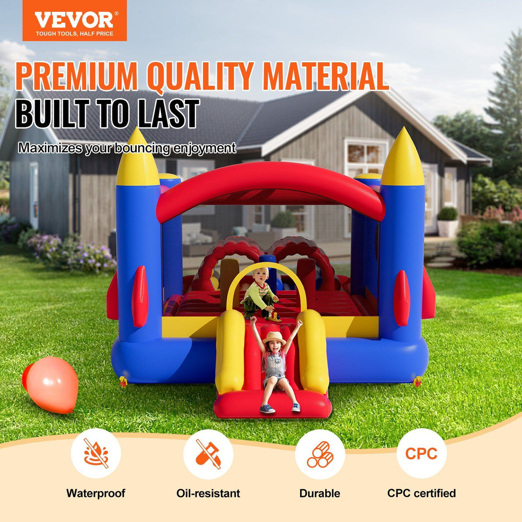 VEVOR Inflatable Bounce House, Outdoor High Quality Playhouse Trampoline, Jumping Bouncer with Blower, Slide, and Storage Bag, Family Backyard Bouncy Castle, for Kid Ages 3â€“8 Years, 160x94x96 inch