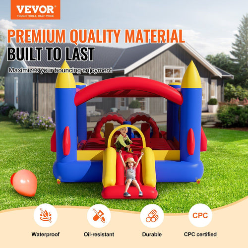 VEVOR Inflatable Bounce House, Outdoor High Quality Playhouse Trampoline, Jumping Bouncer with Blower, Slide, and Storage Bag, Family Backyard Bouncy Castle, for Kid Ages 3â€“8 Years, 160x94x96 inch