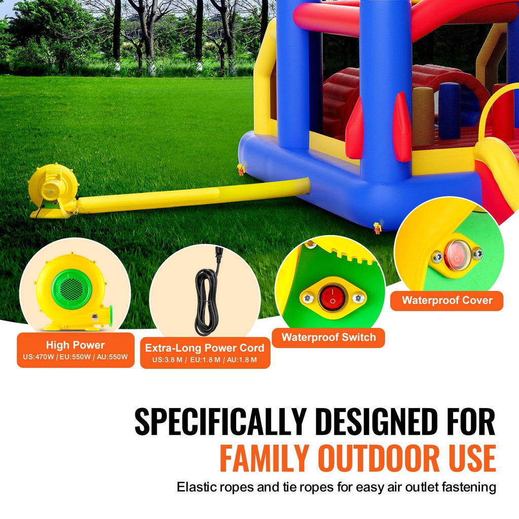 VEVOR Inflatable Bounce House, Outdoor High Quality Playhouse Trampoline, Jumping Bouncer with Blower, Slide, and Storage Bag, Family Backyard Bouncy Castle, for Kid Ages 3â€“8 Years, 160x94x96 inch