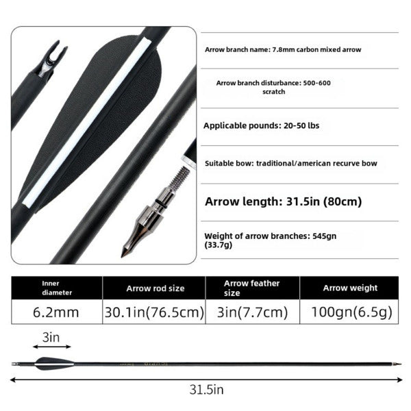 inQ Boutique - 31.5-inch targeted hunting arrows, suitable for compound, anti bending, and British longbows, with detachable tips (12pack)