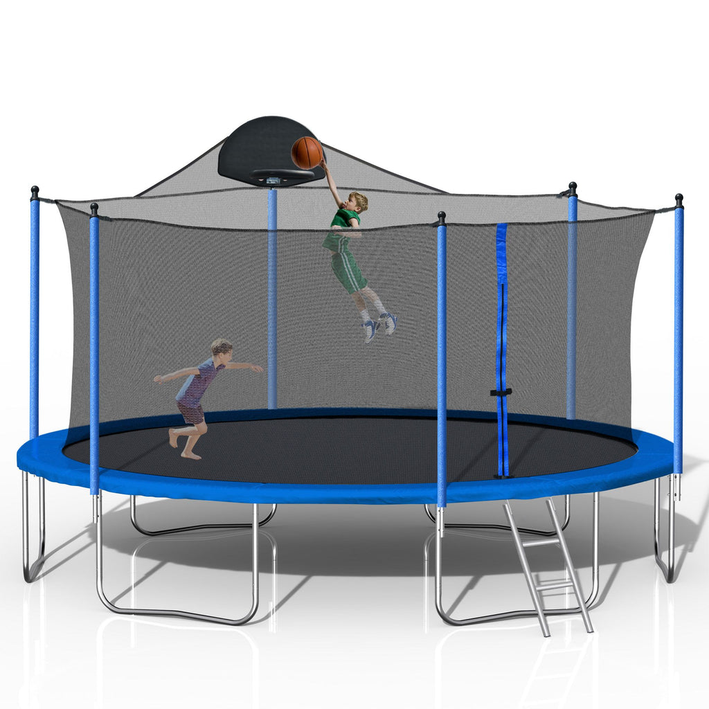 Yeah Depot - 14FT Trampoline for Adults & Kids with Basketball Hoop, Outdoor Trampolines w/Ladder and Safety Enclosure Net for Kids and Adults,Double-side Color cover