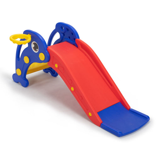 Yeah Depot - Toddler Slide, Dolphin Play Slide for Outdoor and Indoor, Freestanding Climber Playset with Basketball Hoop, Ball and Ladder, Red and Blue