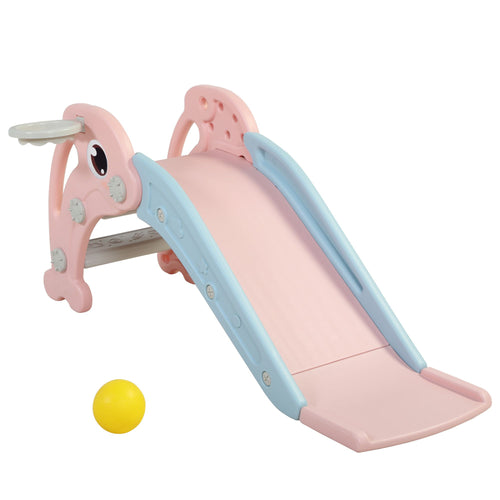 Yeah Depot - 2 in 1 Slide, Toddler Freestanding Extra Long Slide with Basketball Hoop & Ball, Indoor Outdoor, Pink