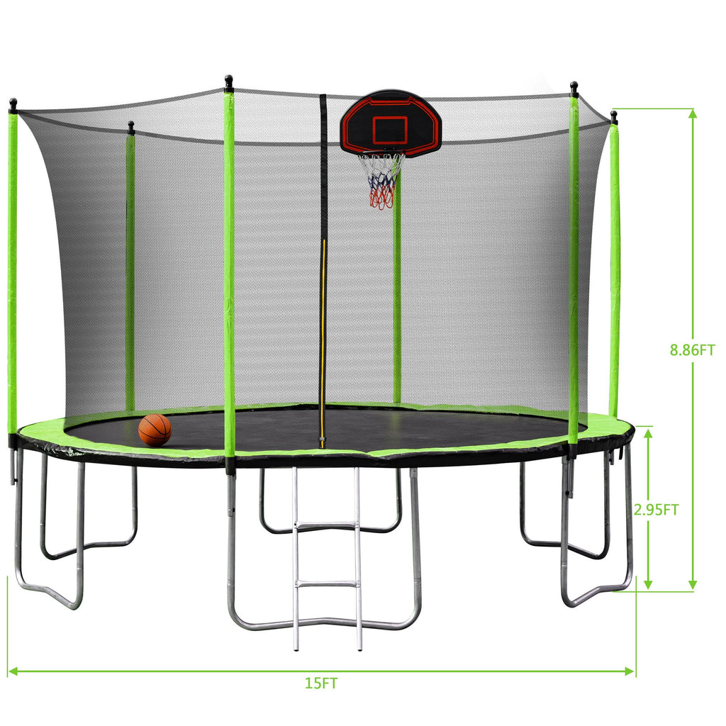 Yeah Depot - 15FT Trampoline with Basketball Hoop Inflator and Ladder(Inner Safety Enclosure) Green