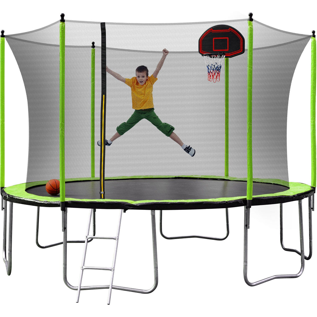 Yeah Depot - 14FT Trampoline with Basketball Hoop Inflator and Ladder(Inner Safety Enclosure) Green