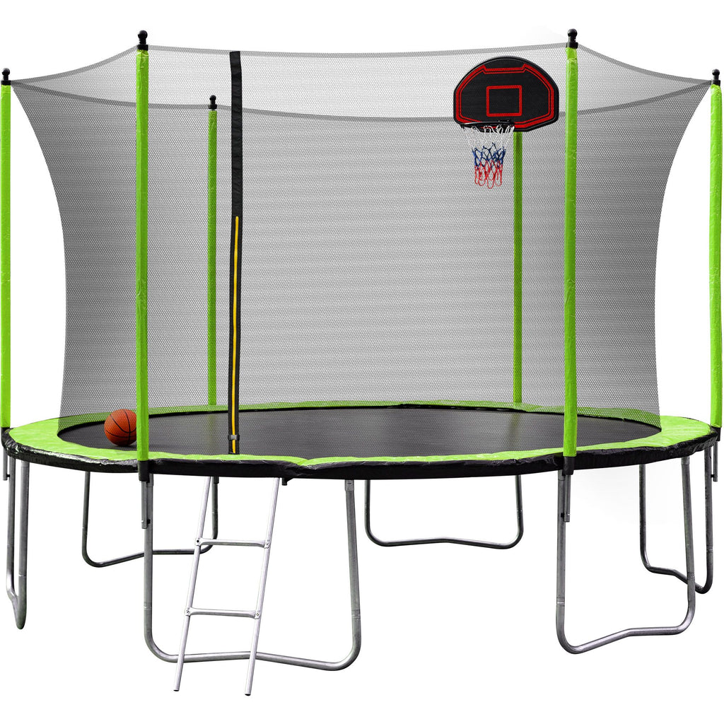 Yeah Depot - 14FT Trampoline with Basketball Hoop Inflator and Ladder(Inner Safety Enclosure) Green
