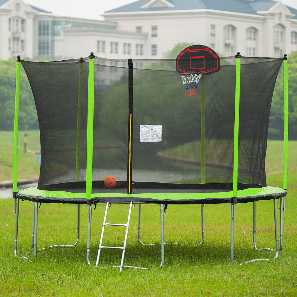 Yeah Depot - 14FT Trampoline with Basketball Hoop Inflator and Ladder(Inner Safety Enclosure) Green