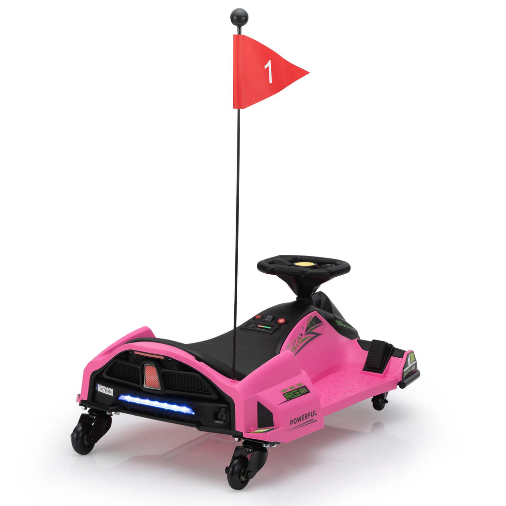 Yeah Depot - 12V Kids Ride-On Drifting Car, Electric Go Kart w/ MP3, USB, LED Lights, High-Low Speed, Power Display, Protector, Battery Powered Racing Vehicle Toy Gift for Children, 8-12 Years Old,Pink