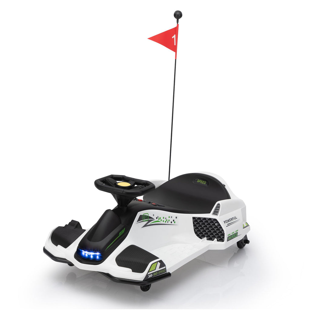 Yeah Depot - 12V Kids Ride-On Drifting Car, Electric Go Kart w/ MP3, USB, LED Lights, High-Low Speed, Power Display, Protector, Battery Powered Racing Vehicle Toy Gift for Children, 8-12 Years Old, White