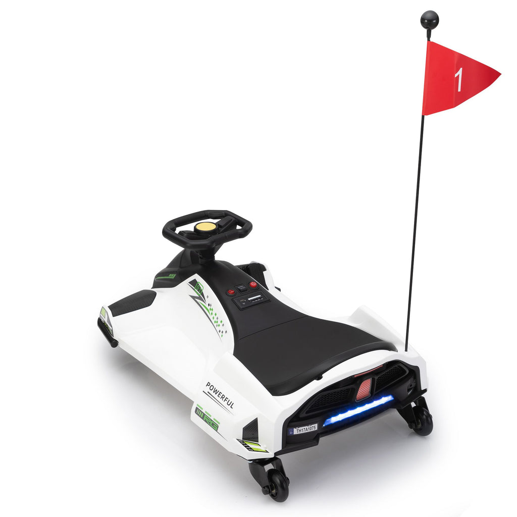 Yeah Depot - 12V Kids Ride-On Drifting Car, Electric Go Kart w/ MP3, USB, LED Lights, High-Low Speed, Power Display, Protector, Battery Powered Racing Vehicle Toy Gift for Children, 8-12 Years Old, White