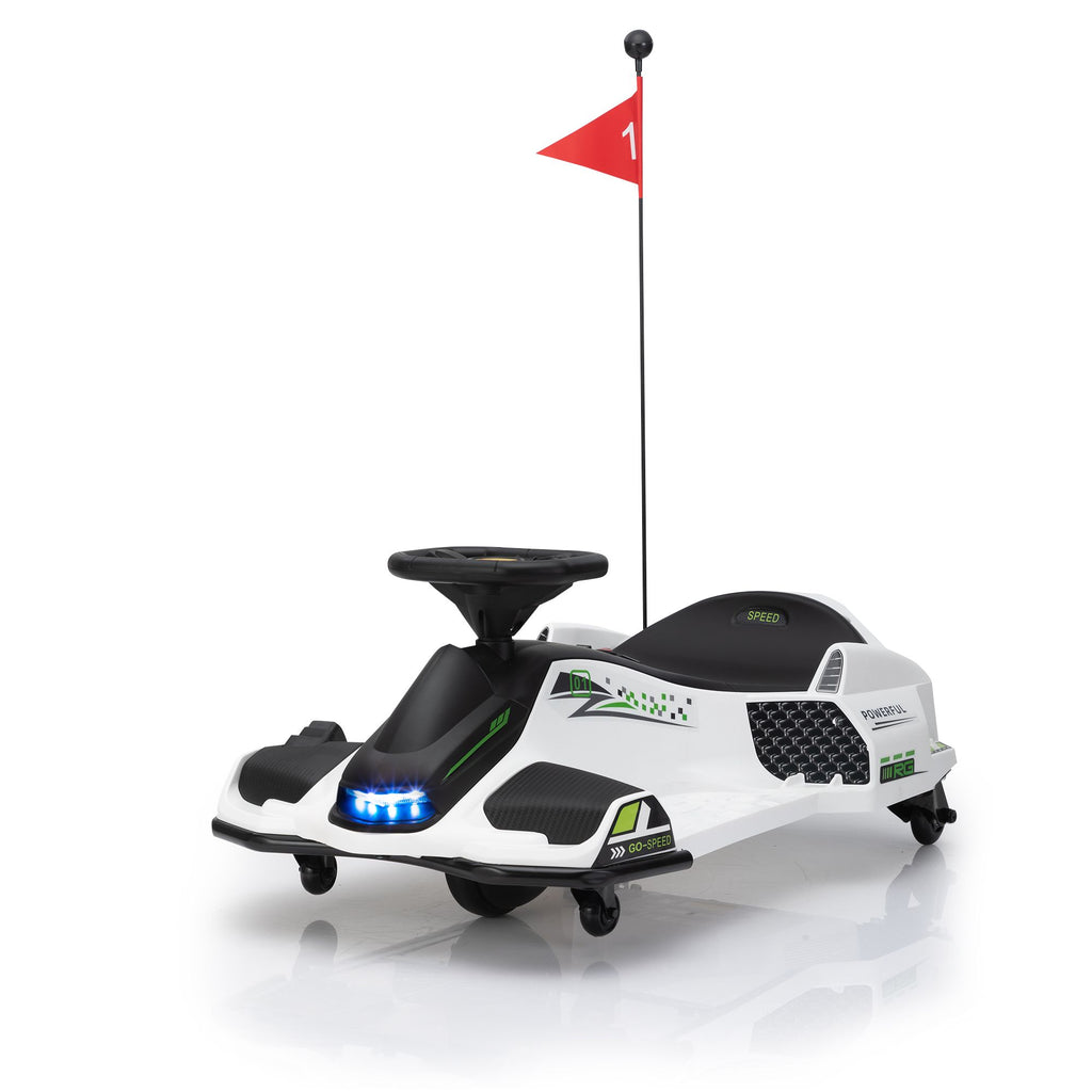 Yeah Depot - 12V Kids Ride-On Drifting Car, Electric Go Kart w/ MP3, USB, LED Lights, High-Low Speed, Power Display, Protector, Battery Powered Racing Vehicle Toy Gift for Children, 8-12 Years Old, White