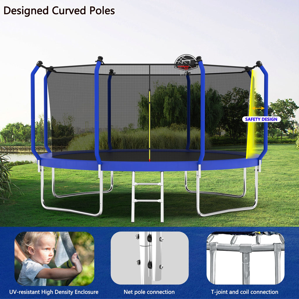 Yeah Depot - 12FT Trampoline with Basketball Hoop, ASTM Approved Reinforced Type Outdoor Trampoline with Enclosure Net