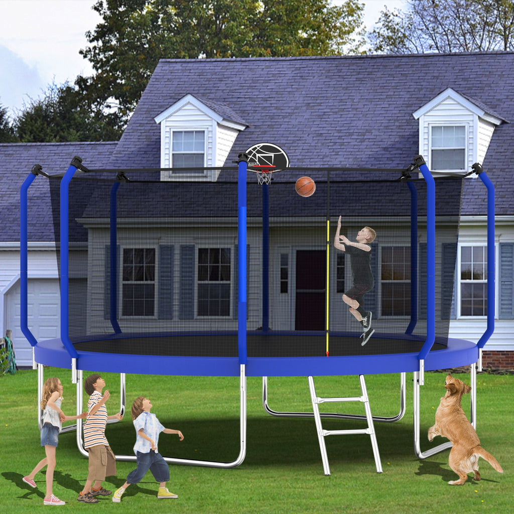 Yeah Depot - 12FT Trampoline with Basketball Hoop, ASTM Approved Reinforced Type Outdoor Trampoline with Enclosure Net