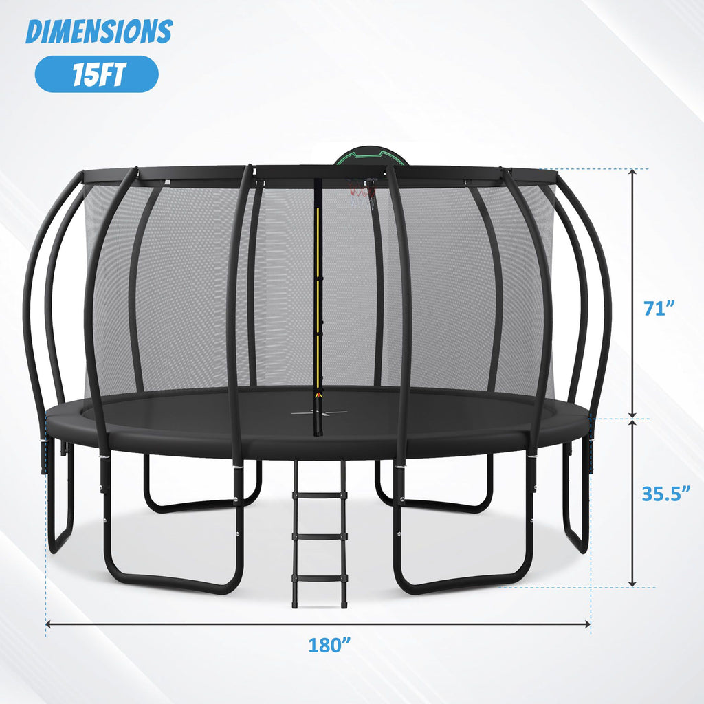 Yeah Depot - 15FT Trampoline for Kids with Upgraded ArcPole and Composite TopLoop for Safety Enclosure, Plus Basketball Board and 12 Ground Stakes, Outdoor Recreational Playset Balance Physical Training Trampoline