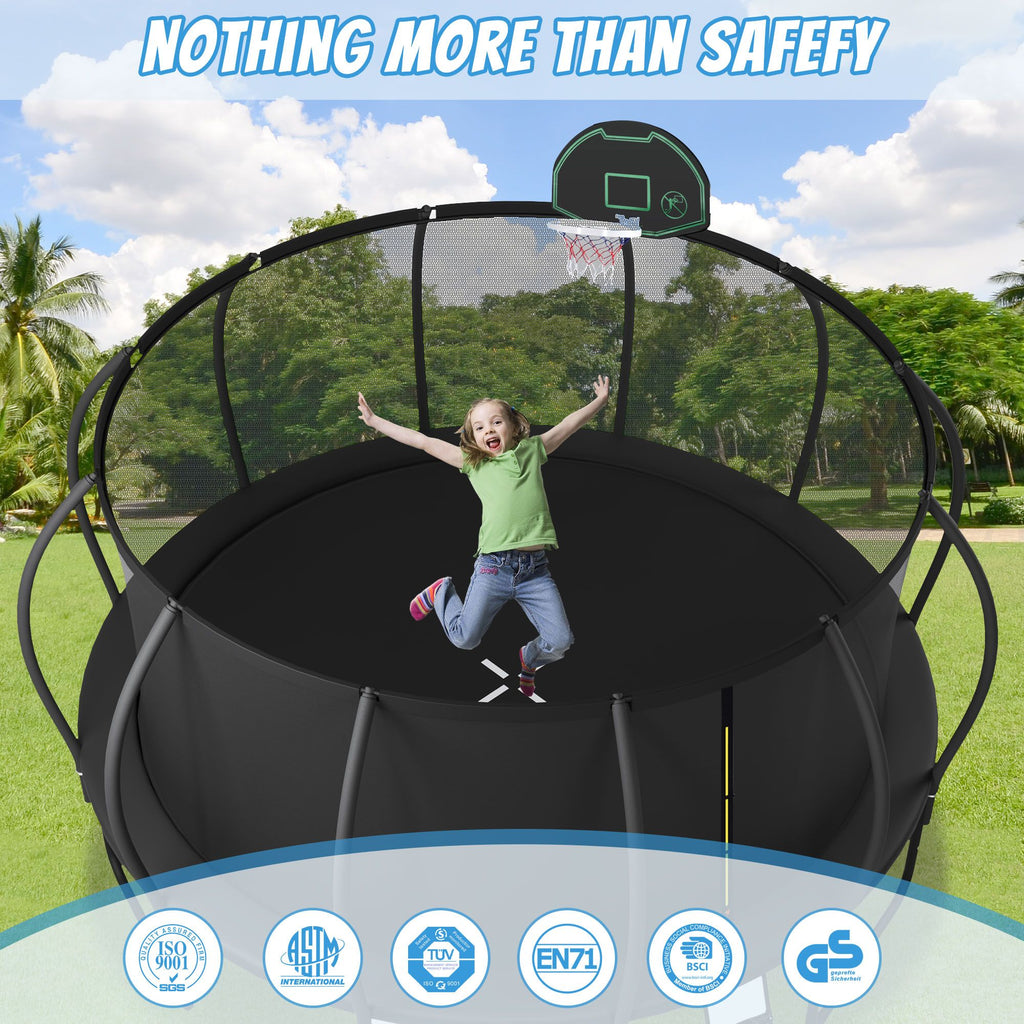 Yeah Depot - 15FT Trampoline for Kids with Upgraded ArcPole and Composite TopLoop for Safety Enclosure, Plus Basketball Board and 12 Ground Stakes, Outdoor Recreational Playset Balance Physical Training Trampoline