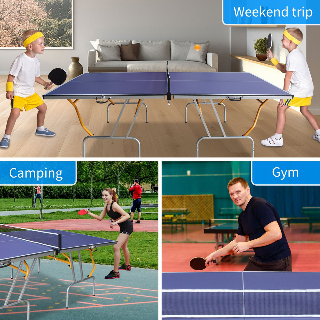 Yeah Depot - 8ft Mid-Size Table Tennis Table Foldable & Portable Ping Pong Table Set for Indoor & Outdoor Games with Net, 2 Table Tennis Paddles and 3 Balls