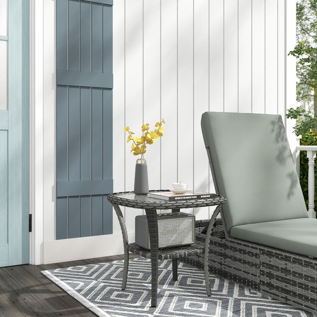 Yeah Depot - Outsunny Rattan Coffee Table with Storage Shelf, Wicker Side Table with Glass Top, Outdoor End Table for Garden, Porch, Backyard, Mix Gray