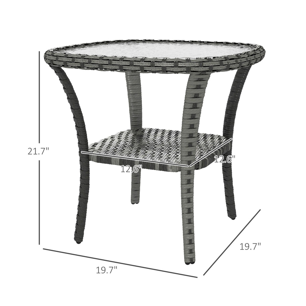 Yeah Depot - Outsunny Rattan Coffee Table with Storage Shelf, Wicker Side Table with Glass Top, Outdoor End Table for Garden, Porch, Backyard, Mix Gray