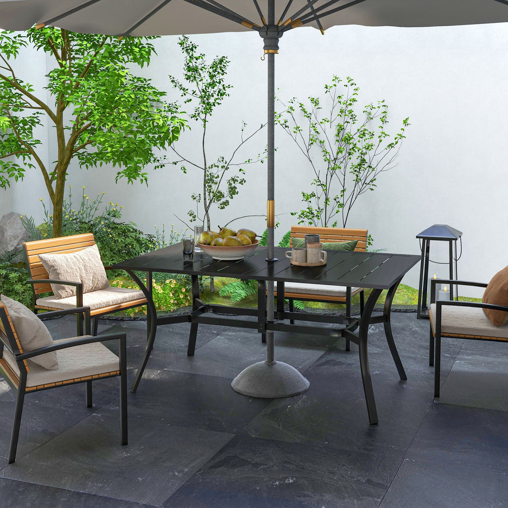 Yeah Depot - Outsunny Rectangle Outdoor Dining Table for 6 People, Steel Rectangular Patio Table with Umbrella Hole, Steel Frame for Garden, Balcony, Black