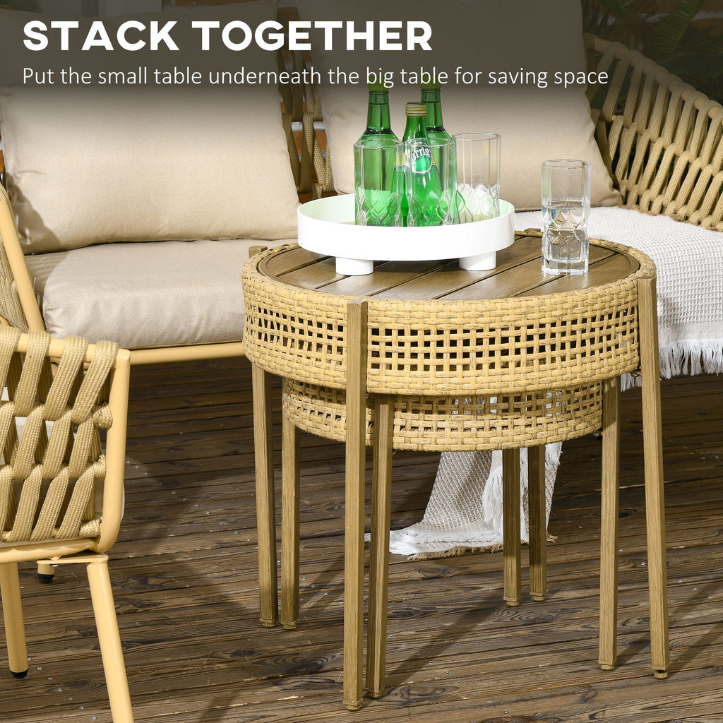 Yeah Depot - Outsunny 2 Piece Wicker Patio Table Set, PE Rattan End Table Set, Outdoor Round Coffee Table Set, Multi-Functional, Slatted Metal Top, Brown