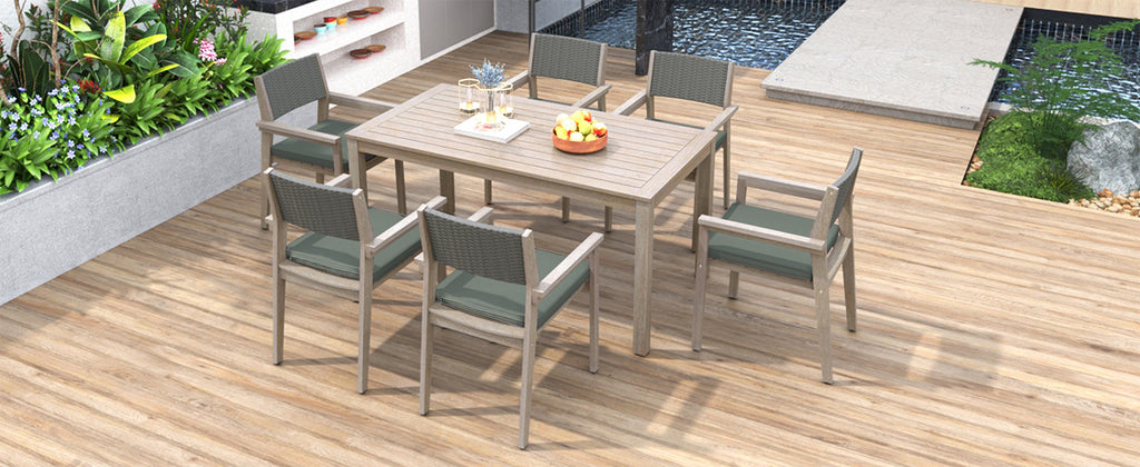 Yeah Depot - Outdoor Dining Set Patio Dining table and Chairs with Rattan Backrest and Removable Cushions for Patio and Backyard, White Washed
