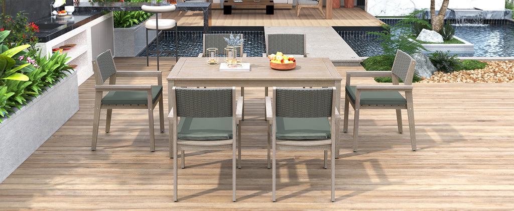 Yeah Depot - Outdoor Dining Set Patio Dining table and Chairs with Rattan Backrest and Removable Cushions for Patio and Backyard, White Washed
