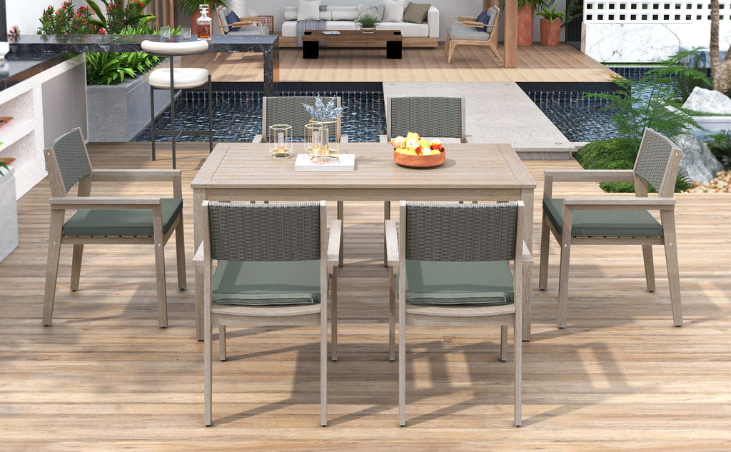 Yeah Depot - Outdoor Dining Set Patio Dining table and Chairs with Rattan Backrest and Removable Cushions for Patio and Backyard, White Washed