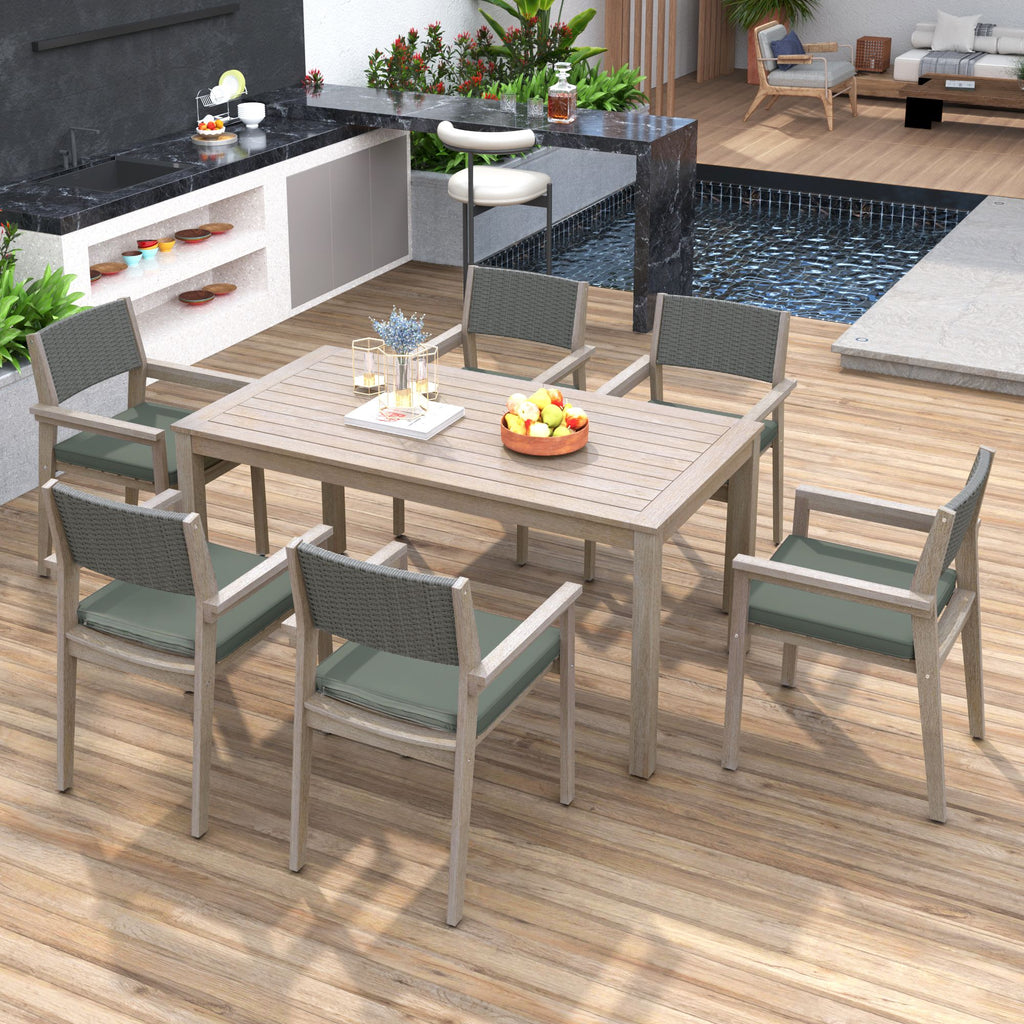 Yeah Depot - Outdoor Dining Set Patio Dining table and Chairs with Rattan Backrest and Removable Cushions for Patio and Backyard, White Washed